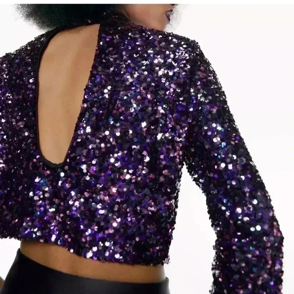 Zara Purple Sequin Crop Top Open back - Picture 4 of 7
